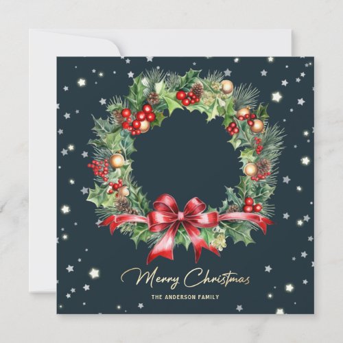 Holly Berries Pine Cones Wreath Photo Holiday Card