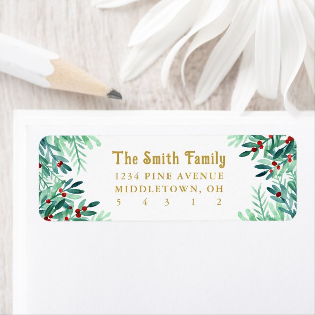 Holly Berries Pine Greenery Return Address Label (Insitu)