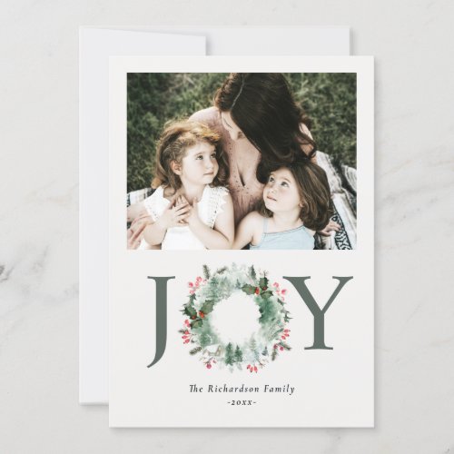 Holly Berries Pine Joy Christmas Wreath Photo Holiday Card