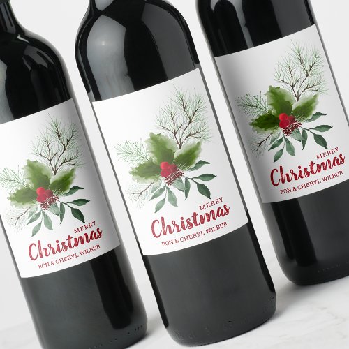 Holly Berries Pine Merry Christmas Wine Label