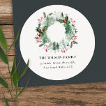 Holly Berries Pine Snow Christmas Wreath Address Classic Round Sticker<br><div class="desc">If you need any further customisation please feel free to message me on yellowfebstudio@gmail.com.</div>