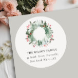 Holly Berries Pine Snow Christmas Wreath Address Classic Round Sticker<br><div class="desc">If you need any further customisation please feel free to message me on yellowfebstudio@gmail.com.</div>