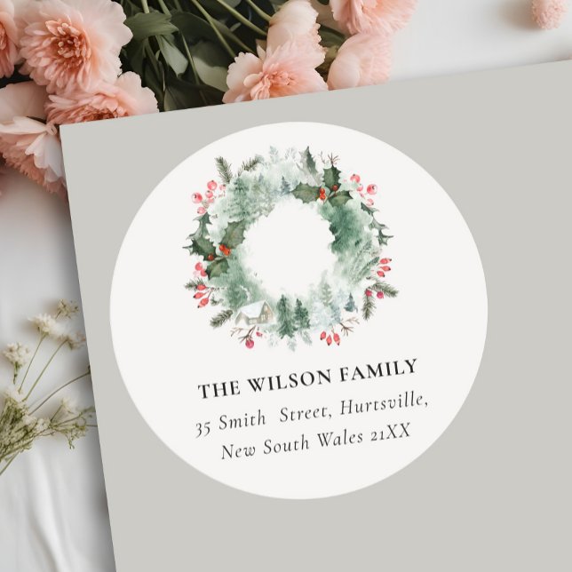  Holly Berries Pine Snow Christmas Wreath Address Classic Round Sticker (Creator Uploaded)