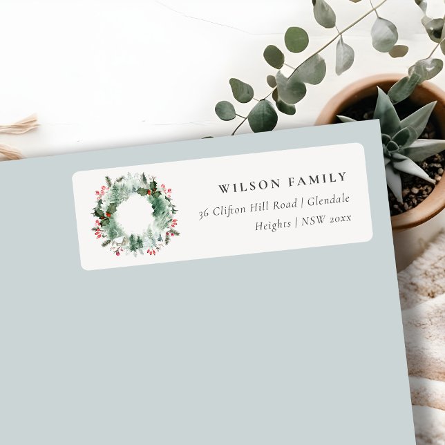  Holly Berries Pine Snow Christmas Wreath Address Label (Creator Uploaded)