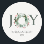 Holly Berries Pine Tree Joy Christmas Wreath Classic Round Sticker<br><div class="desc">If you need any further customisation please feel free to message me on yellowfebstudio@gmail.com.</div>