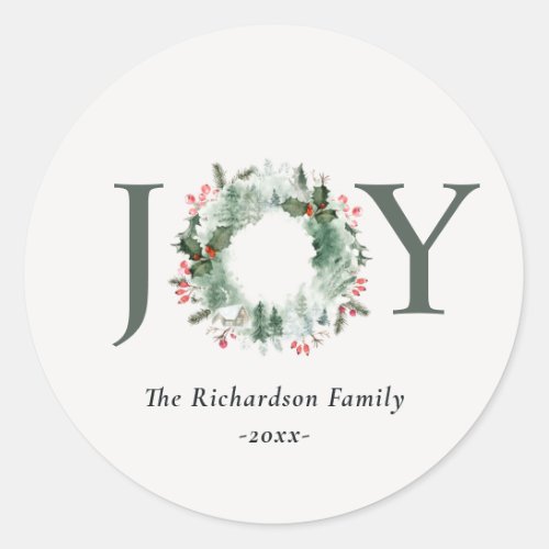Holly Berries Pine Tree Joy Christmas Wreath Classic Round Sticker