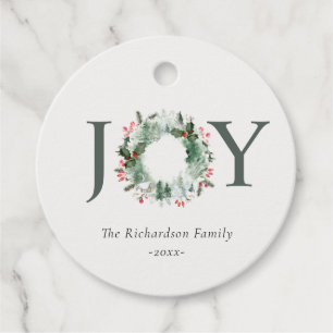 Holly Berries Pine Tree Joy Christmas Wreath Favor Tags