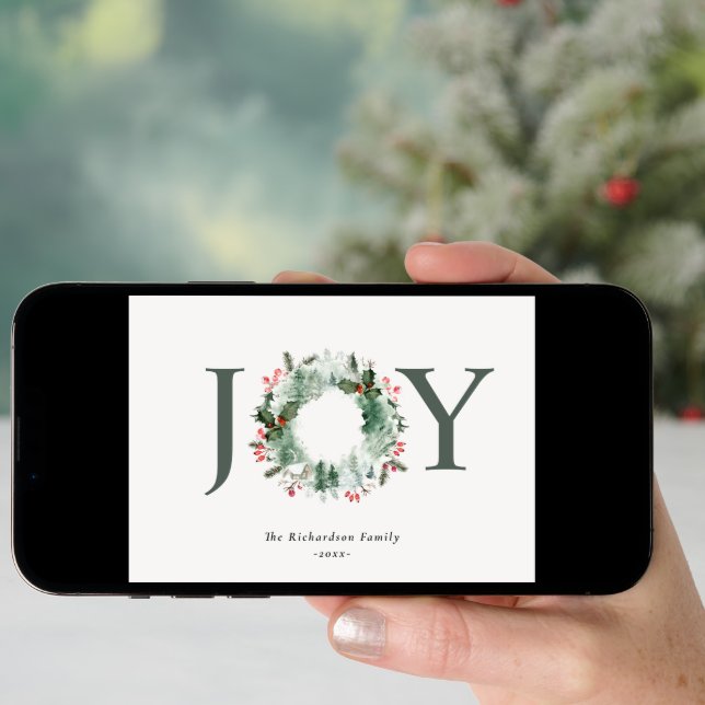 Holly Berries Pine Tree Joy Christmas Wreath Holiday Card (Front Digital)