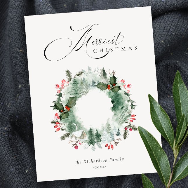 Holly Berries Pine Tree Red Christmas Wreath  Postcard (Creator Uploaded)