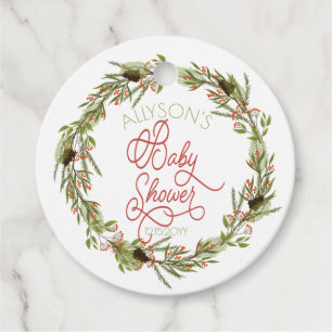 Holly Berries Pine Wreath Holiday Baby Shower Favo Favor Tags