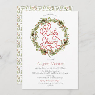 Holly   Berries Pine Wreath Holiday Baby Shower In Invitation