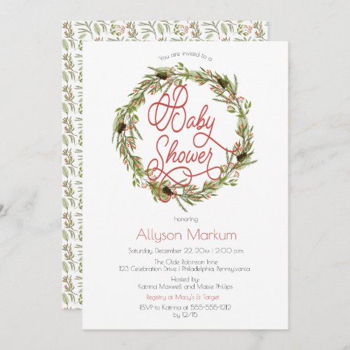 Holly  Berries Pine Wreath Holiday Baby Shower In Invitation