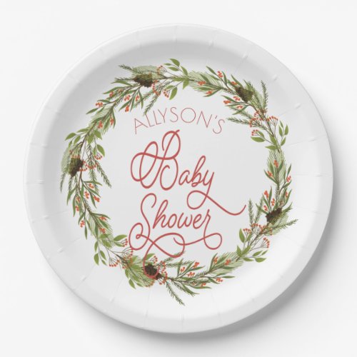 Holly Berries Pine Wreath Holiday Baby Shower Pape Paper Plates