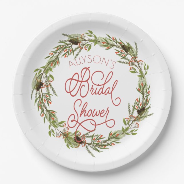 Holly Berries Pine Wreath Holiday Bridal Shower Paper Plates (Front)