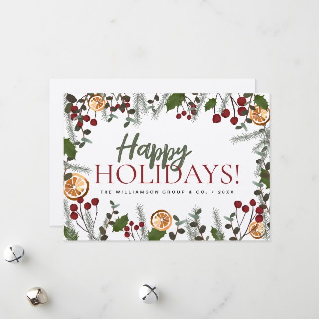 Holly berries Pine XMAS Happy Holidays Corporate Holiday Card (Front/Back In Situ)