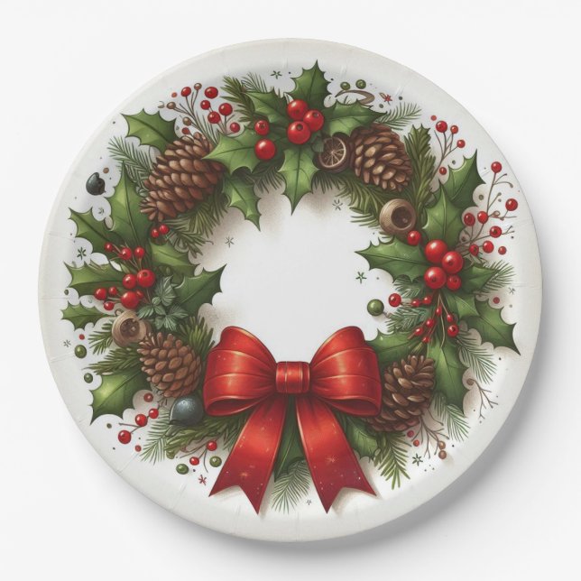 Holly, Berries, Pinecones, and Red Bow Christmas  Paper Plates (Front)