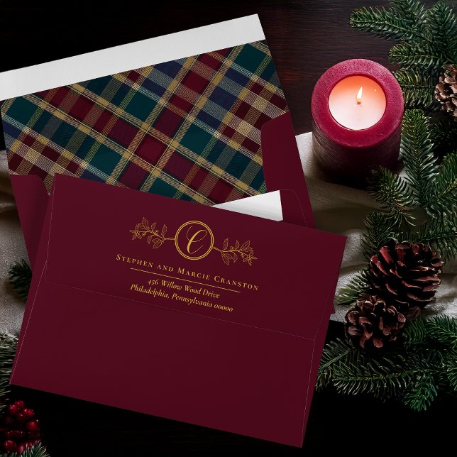 Holly Berries Plaid Gold Monogram Return Address Envelope (Elegant Holly and Berries with Gold Monogram Return Address and Inside Plaid Pattern Envelope)