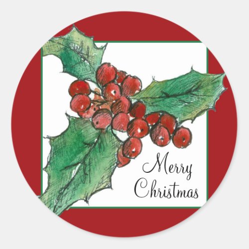 Holly Berries Plant Botanical Art Merry Christmas Classic Round Sticker