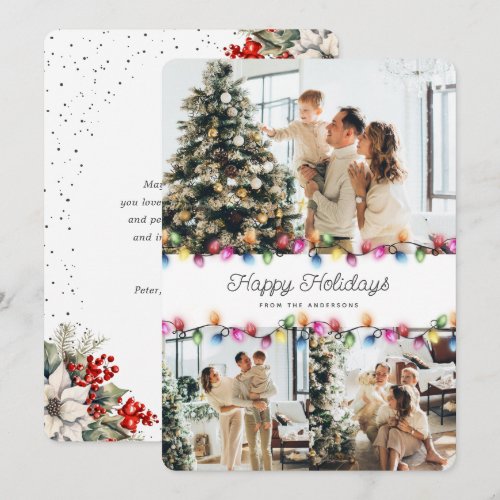 Holly Berries Poinsettia Christmas Lights Photo Holiday Card