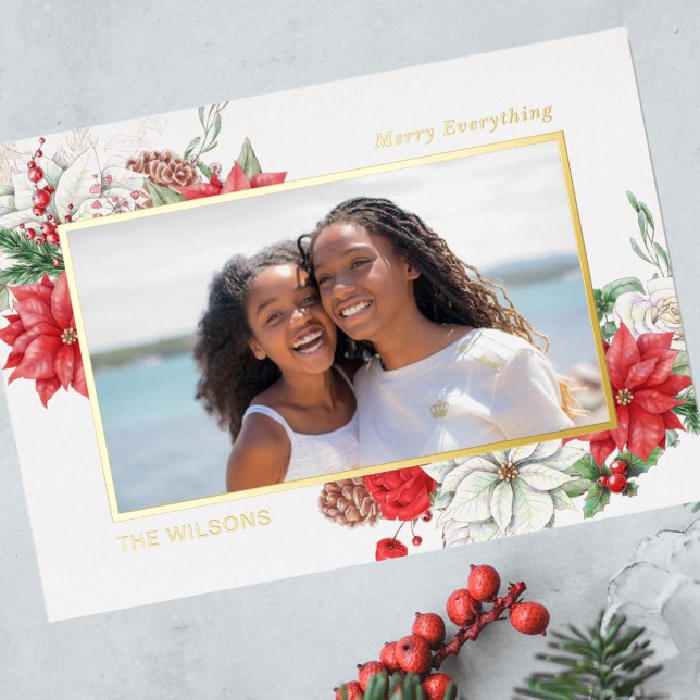 Holly Berries Poinsettias Pine Cone Photo  Foil Holiday Card (Creator Uploaded)