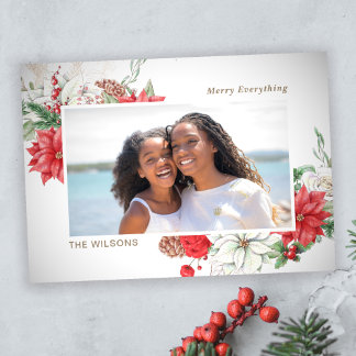 Holly Berries Poinsettias Pine Cone Photo Holiday Postcard
