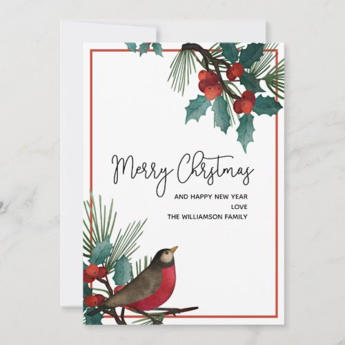 Holly Berries Red Bird Merry Christmas Holiday Card