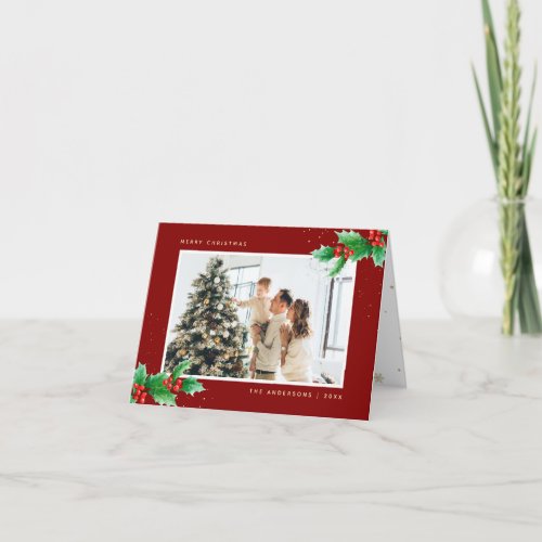 Holly Berries Red Gold Family Photo Christmas Holiday Card