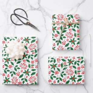 Holly Berries Red Green Botanical Christmas Wrapping Paper Sheets