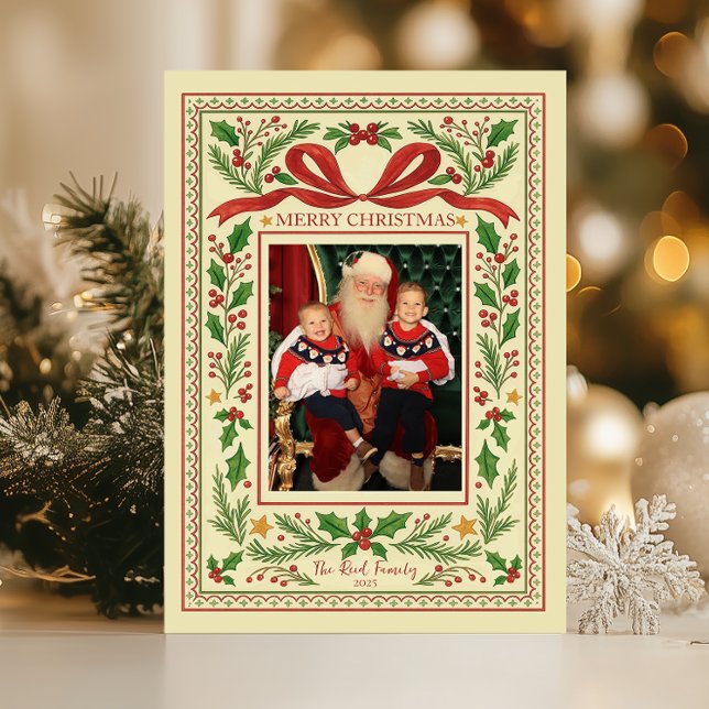 Holly Berries & Red Ribbon Vintage Painted Holiday Card (Creator Uploaded)