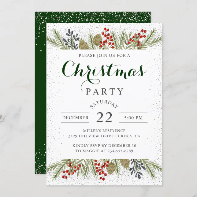 Holly Berries Silver Glitter Christmas Party Invitation | Zazzle