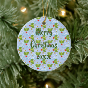 Holly berries snow and stars small scale pattern ceramic ornament