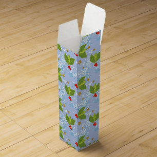 Holly berries snow stars pattern blue background wine box