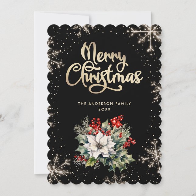 Holly Berries Snowflakes Black Gold Christmas Card (Front)
