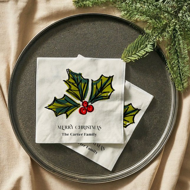 Holly Berries Watercolor Christmas Illustration Napkins (Holly Berries Watercolor Christmas Sketch Illustration Holiday Party Napkins)