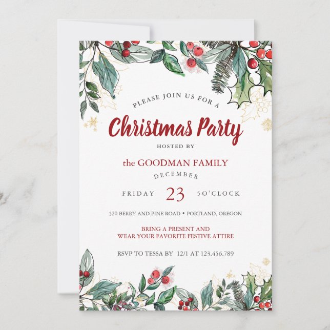 Holly Berries Watercolor Lines Christmas Party Card (Front)