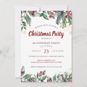 Holly Berries Watercolor Lines Christmas Party Card