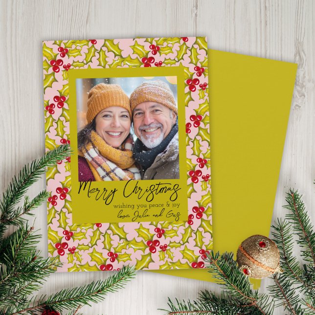 Holly Berries Whimsical Classic 1 Photo Christmas Holiday Card (Creator Uploaded)
