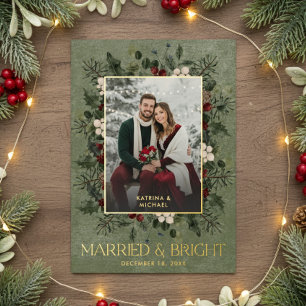 Holly Berries Wine Married Bright Christmas Photo Foil Holiday Card