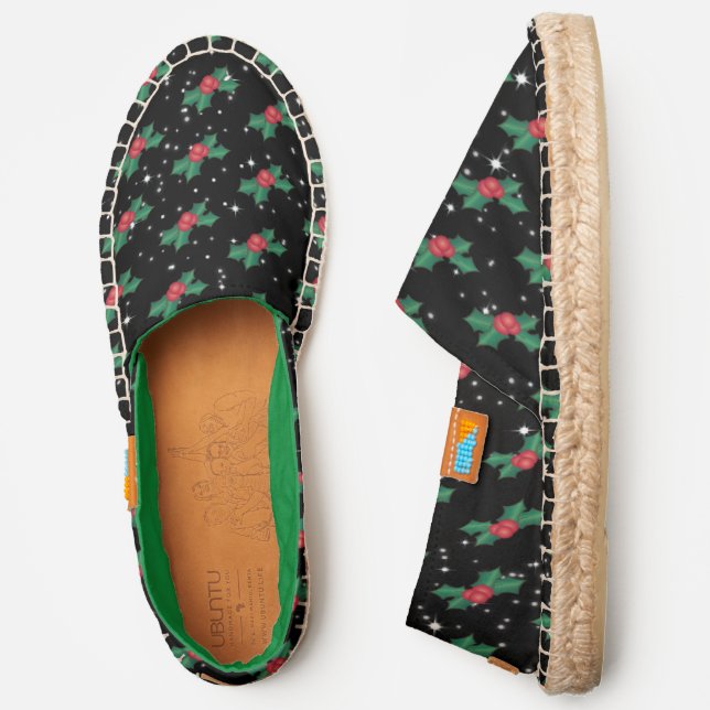 Holly Berries with Snow and Stars on Black Espadrilles (Side)