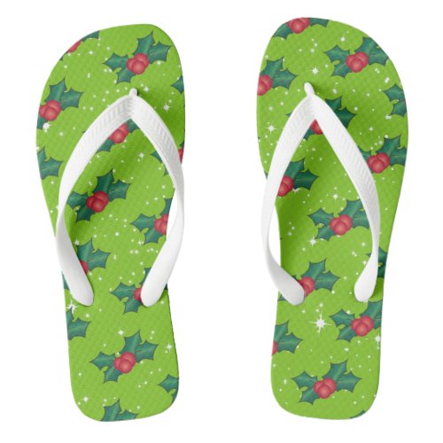 Holly Berries with Snow and Stars on Bright Green Flip Flops