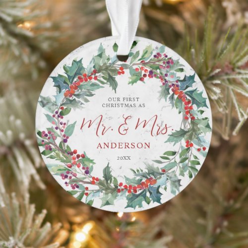 Holly Berries Wreath Marble Mr  Mrs Christmas Ornament