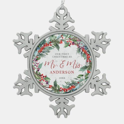 Holly Berries Wreath Marble Mr  Mrs Christmas Snowflake Pewter Christmas Ornament