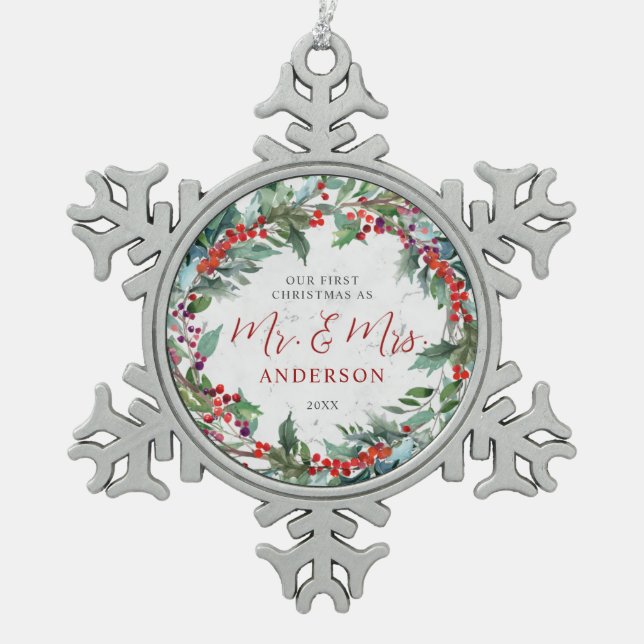 Holly Berries Wreath Marble Mr. & Mrs. Christmas Snowflake Pewter Christmas Ornament (Front)
