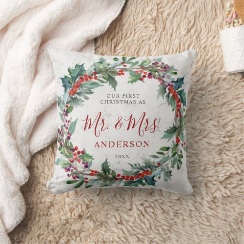 Holly Berries Wreath Marble Mr  Mrs Christmas Throw Pillow