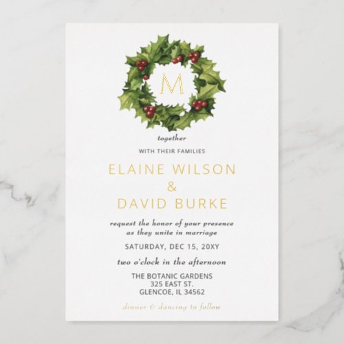 Holly Berries Wreath Monogram Winter Wedding  Foil Invitation