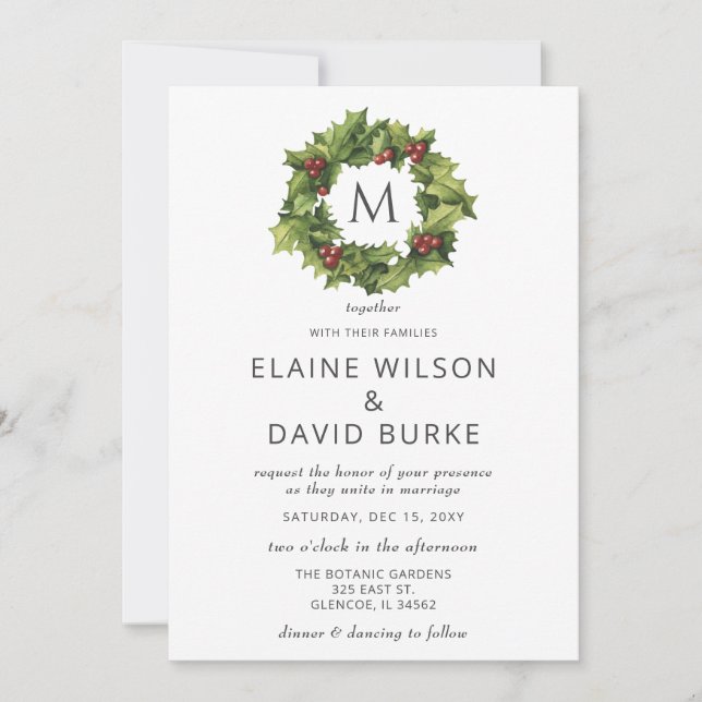Holly Berries Wreath Monogram Winter Wedding Invitation (Front)