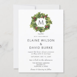 Holly Berries Wreath Monogram Winter Wedding Invitation