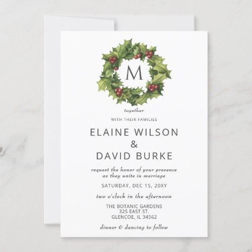 Holly Berries Wreath Monogram Winter Wedding Invitation