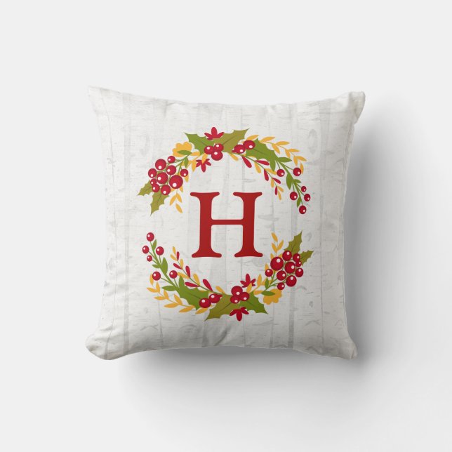 Holly Berries Wreath Monogrammed Family Wishes Throw Pillow (Front)