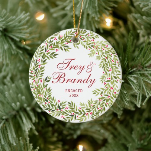 Holly Berries Wreath Personalized Engagement Ceramic Ornament